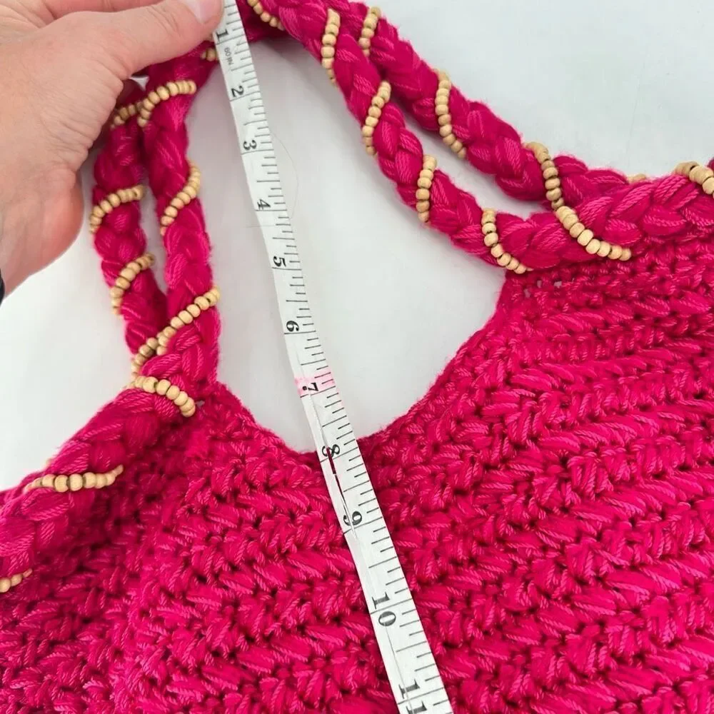 The Sak Women's Beaded Wrapped Handle knit Crochet Hobo Shoulder‎ Bag Pink Small